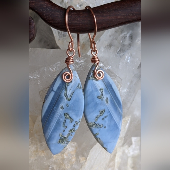 Artisan Jewelry - Artisan Blue Opal Gemstone Earrings Copper Wrap Spiral Marquise Lightweight